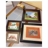 Framed Artworks Assortment Featuring Barn, Covered Bridge, and Church Scenes