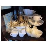 Milk Glass Assortment with Cups, Bowls, and Basket