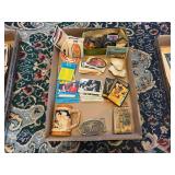 Assorted Collectibles Box Including Trading Cards, Advertising Stickers, and Novelties