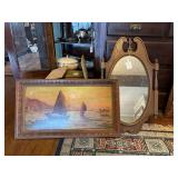 Framed Sailboat Scene Painting and Oval Wood Framed Mirror