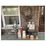 Assorted Garden Decor Including Painted Uncle Sam, Pots, Wreath, and Cabinet