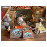 Assorted Household Items Including Motorcyle Art, Decanters, and Kentucky Tray