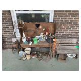 Assorted Decorative Items Including Bench, Planters, and Figurines