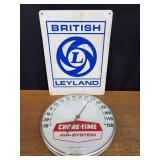 (2) British Leyland Sign + Chore-Time Thermometer