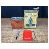 (4) Cream Separator Oil Cans, Cheese Cutter, Pencil