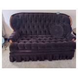 Tufted Upholstered Settee with Exposed Wood Arms
