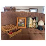 John Deere hanging wall, Art checkers and chessboard doll closet, mini box and a Coleman lamp ￼