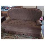 Tufted Brown Fabric Settee with Exposed Wood Frame