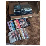 General Electric Clock Radio and Assorted Media Collection