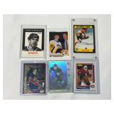 (6) NHL Hockey Trading Cards Featuring Chris Chelios, Jaromir Jagr, Bobby Orr, Wayne Gretzky, and Patrick Roy