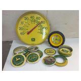 John Deere Advertising Thermometer, Clock, and Coaster Assortment