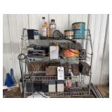 Assorted Garage Shelf Contents Including Automotive Fluids, Batteries, Charger, and Accessories