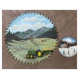 Hand Painted Saw Blades with John Deere Tractor and Winter Scene