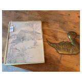 Framed Farmstead Sketch and Brass Duck Figurine