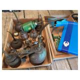 Collection of Metal Oil Cans and Agricultural Advertising Rain Gauges