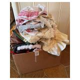 Assorted Textile Lot Including Linens, Lace, and Lawrence Brand Lead Shot Bag