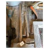 Assorted Hand Tools Including Sledge Hammer, Axe, and Metal Wedges