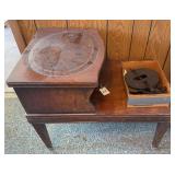 Side Table along with Griswold and Adams Co. Cast Iron Stove Pipe Dampers, Assorted Sizes
