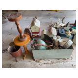 Assorted Household and Utility Lot Including Wooden Pedestal Stand and Metal Bin