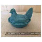 Blue Opaque Glass Hen on Nest Covered Dish