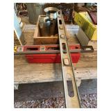 Collection of Assorted Tools and Equipment including Levels, Oil Can, and Warning Triangle