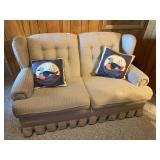 Upholstered Two-Seater Sofa with Duck Motif Accent Pillows
