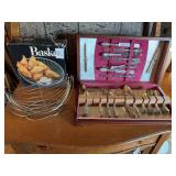 1847 Rogers Bros. Silverplated Flatware Set in Wooden Case and Wire Basket