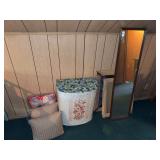 Assorted Household Decor Lot Including Metal Laundry Hamper, Mirrors, and Wall Art