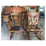 Pair of Wooden Rocking Chairs with Decorative Backrests and Cushions