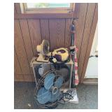 Assorted Household Lot: Manning-Bowman Box Fan, Robbins & Myers Desk Fan, Handheld Vacuum, and Flagpole