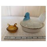 Two Pressed Glass Hen on Nest Covered Dishes