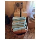 Assorted Household Lot: Arvin Heater, Two Box Fans, and Textiles in Wooden Basket