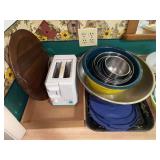 Assorted Kitchenware Lot Including Proctor-Silex Toaster and Mixing Bowls