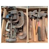 Assorted Hand Tools Including C-Clamps and Hammers