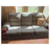 Couch with Upholstered Footstool & Wooden Sewing Basket