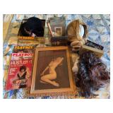 Collection of Adult Magazines, Framed Print, and Costume Accessories