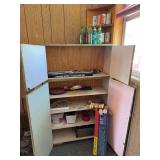 Cabinet & Assorted Household and Recreational Lot Including Croquet Set, Horseshoe Set, and Glassware