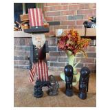 Assorted Decorative Items Including Wooden Uncle Sam Figure, Ceramic Pitcher, and Figural Bank
