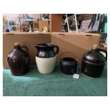 Stoneware Jugs, Pitcher, and Cast Iron Pot Set