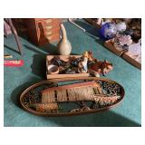 Assorted Decorative Collectibles Including Covered Bridge Wall Plaque and Figural Decanter