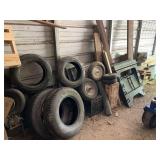 Assorted Tires, Wheels, and Folding Sawhorses
