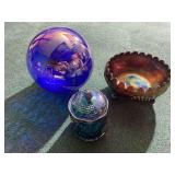 Iridescent Carnival Glass Collection: Cobalt Sphere, Covered Jar, and Footed Bowl