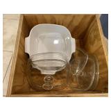 CorningWare Casserole Dishes with Lids in Wooden Crate