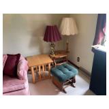 Assorted Furniture Lot Including Side Tables, Lamps, and Rocking Footstool