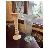 Set of Two Decorative Vases: One Ceramic Pedestal Vase and One Clear Glass Flared Vase