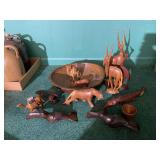 Collection of Hand-Carved Wooden Animal Figurines and Decorative Bowl