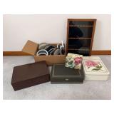 Collection of Decorative Storage Boxes, Display Case, and Furniture Sliders