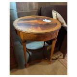 Round Side Table with Inlaid Veneer Top and Carved Apron