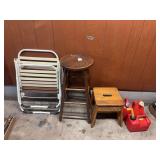 Assorted Household and Utility Lot: Folding Chairs, Wooden Stools, and Gasoline Cans