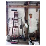 Assorted Hand Tools and Wooden Ladder